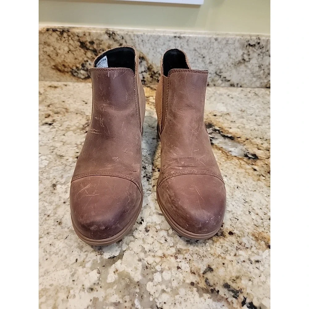 SOREL EVIE PULL ON ANKLE WOMEN BOOTIE SIZE 7.5 TAN DISTRESSED LEATHER
